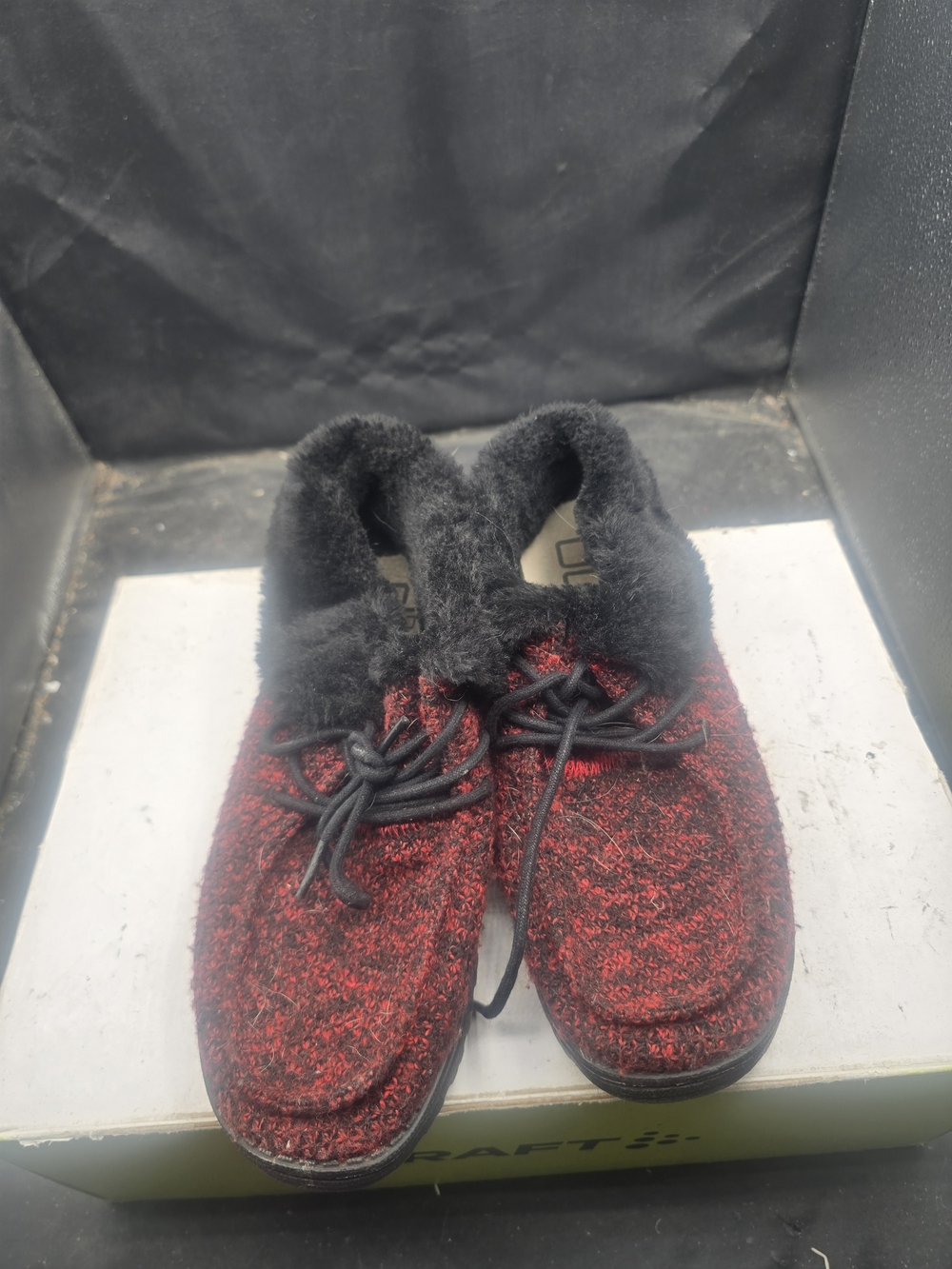 Hey Dude Women's Red Knit Moccasins with Black Faux-Fur Collar